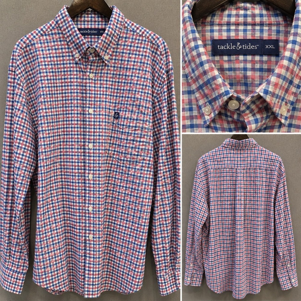 Tackle & Tides Button Down Shirt Men's XXL Red Blue Check Plaid Long Sleeve